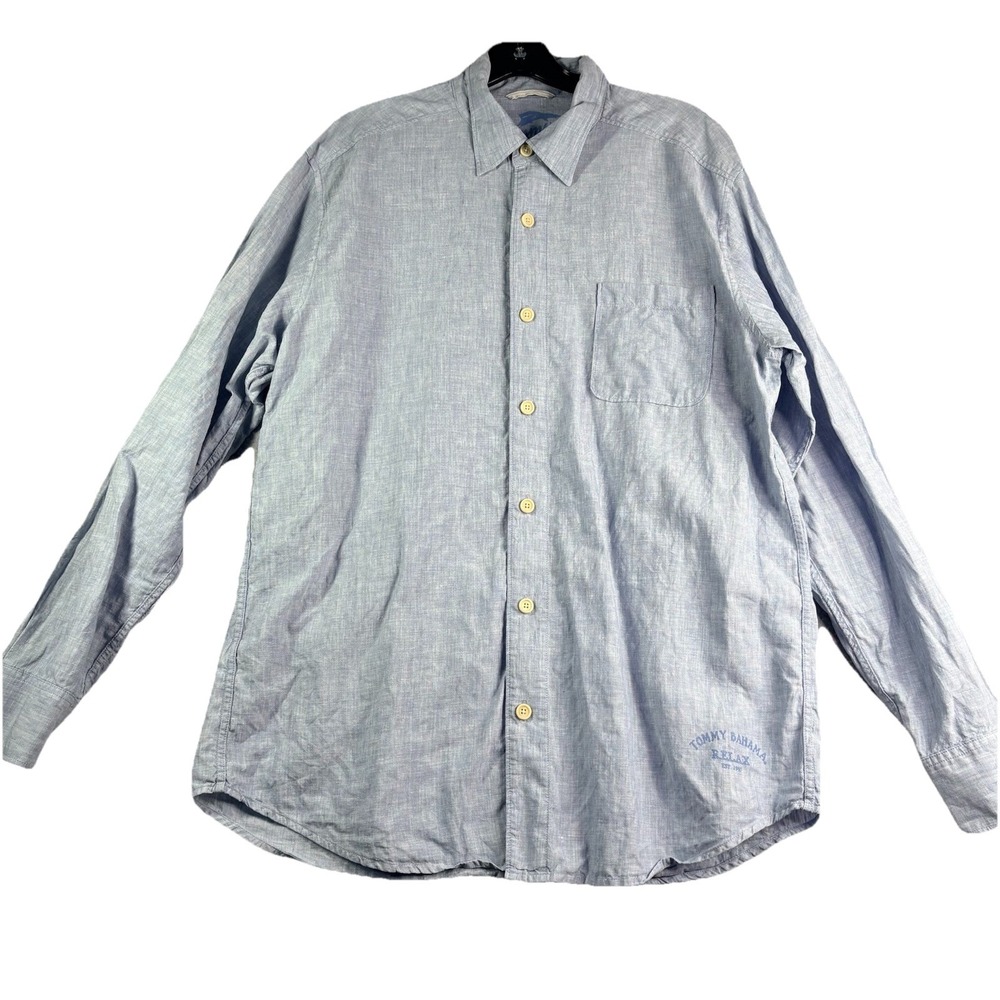 Tommy Bahama 100% Linen Shirt Men's Large Blue Long Sleeve Button Up Beach